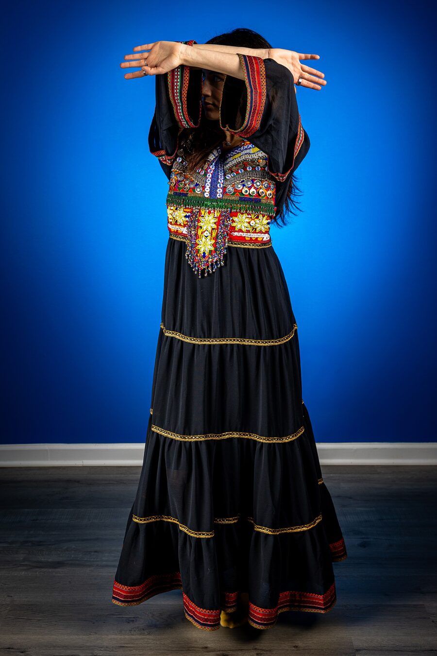 Black embroidered Afghan dress with colorful beadwork