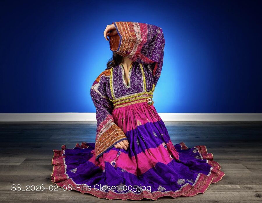 Purple and pink Afghan dress with intricate embroidery